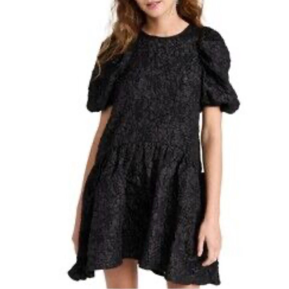 English Factory Black Crinkle Puff Sleeve Swing Mini Dress(Size XS)